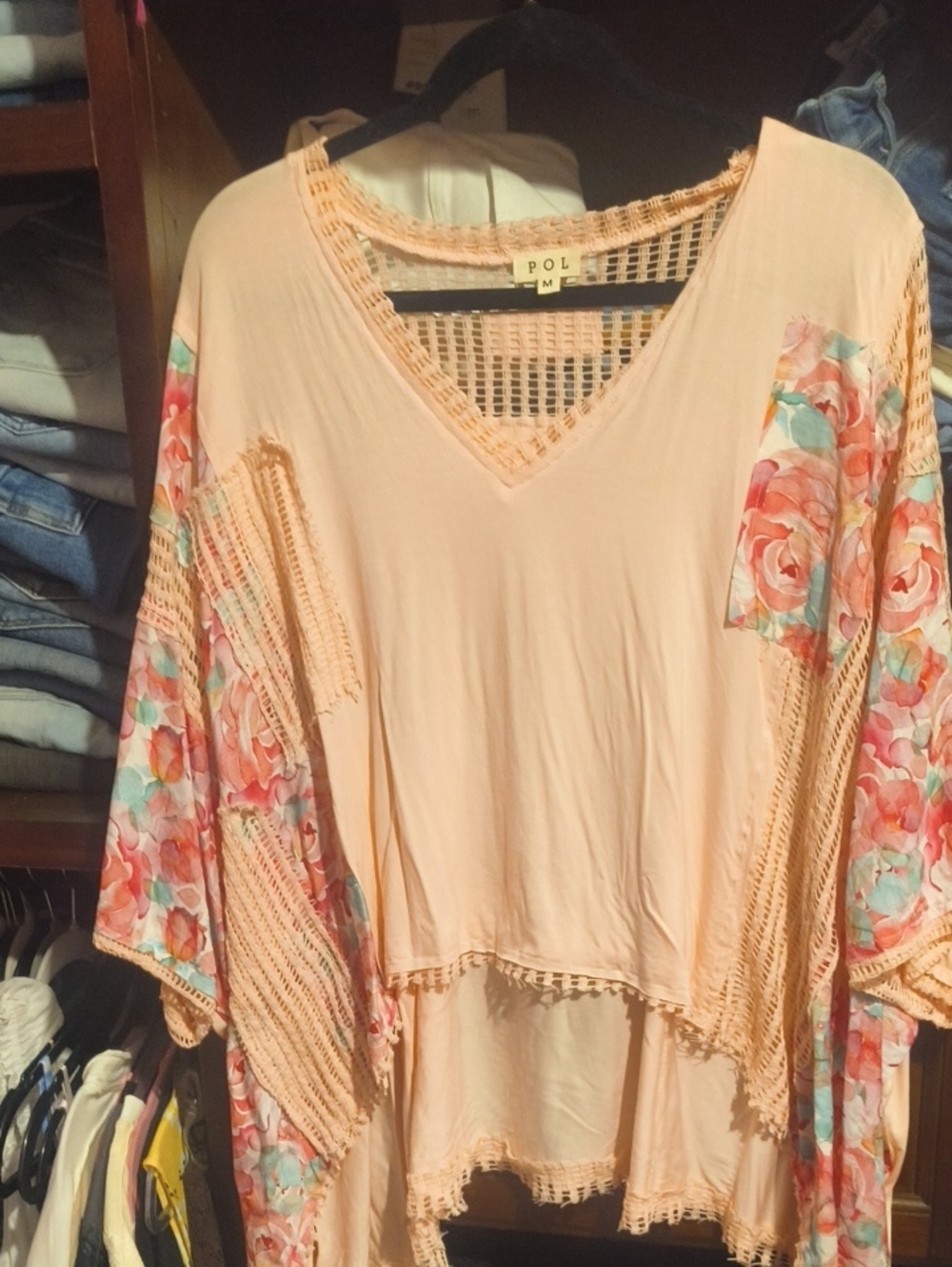 POL Peach Floral Crochet V-Neck Tunic Top